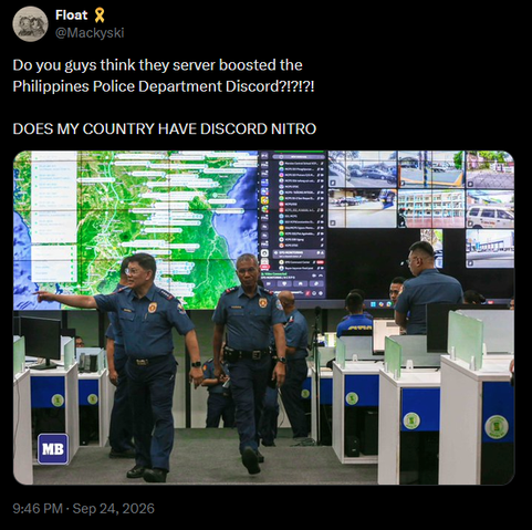 A post with a photo attached (next attachment). The caption reads as follows:
Do you guys think they server boosted the 
Philippines Police Department Discord?!?!?!
DOES MY COUNTRY HAVE DISCORD NITRO