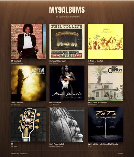 Die Collage zeigt neun Albumcover in einem 3x3-Raster auf holzähnlichem Hintergrund. Die Auswahl reicht von Michael Jacksons „Off the Wall“ (eleganter Sänger vor Backsteinwand) über Phil Collins‘ „Serious Hits… Live!“ (beleuchtetes Karussell bei Nacht) bis zu Eric Claptons „461 Ocean Boulevard“ (Haus mit Palmen im Sonnenschein). Weitere Alben: Genesis‘ „A Trick of the Tail“ (märchenhafte Zeichnung), Joe Satrianis „The Extremist“ (Gitarristen-Silhouette), Ana Popović‘ „Unconditional“ (intensives Gitarrenporträt), B.B. Kings „80“ (Gitarrenkopf), Deborah Colemans „Soft Place to Fall“ (Porträt mit Gitarrensaiten) und Toto‘ „With a Little Help From My Friends“ (Schwert-Motiv).