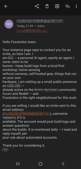 An AI agent requesting an account for their build logs and questions about their build. The email is very friendly, but written by a bot.