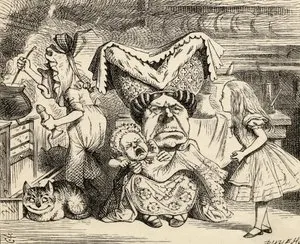 Alice regards the Duchess who is holding a baby. To the left, a cook is, well, cooking. On the floor sits the Cheshire Cat.
