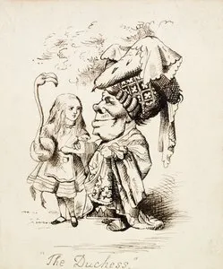 Alice stands, holding a flamingo under her arm. Facing her from the side and smiling is the Duchess. The image is titled "The Duchess".