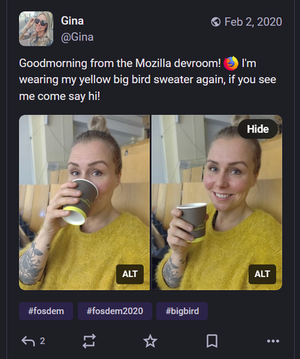 A Mastodon post from 2020 of me at FOSDEM with a coffee at the Mozilla devroom