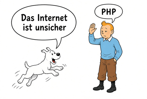 KI Bild. Struppi springt auf Tim zu "Das Internet ist unsicher", Tim winkt ab,: "PHP"
