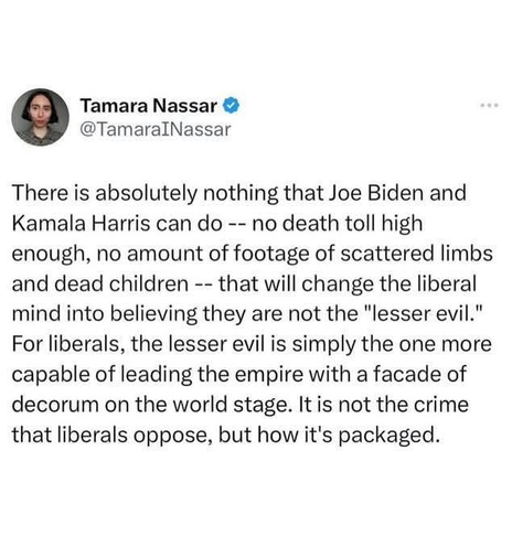 a Tamara Nassar @
@TamaralNassar
There is absolutely nothing that Joe Biden and
Kamala Harris can do -- no death toll high
enough, no amount of footage of scattered limbs
and dead children -- that will change the liberal
mind into believing they are not the "lesser evil."
For liberals, the lesser evil is simply the one more
capable of leading the empire with a facade of
decorum on the world stage. It is not the crime
that liberals oppose, but how it's packaged.