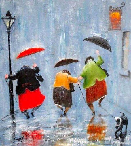 Drei bunt gekleidete ältere Damen mit bunten Regenschirmen tanzend im Regen - ein bekanntes Bild, das immer wieder schön ist. 
"Die Einen fühlen den Regen, die Anderen werden nur nass..."