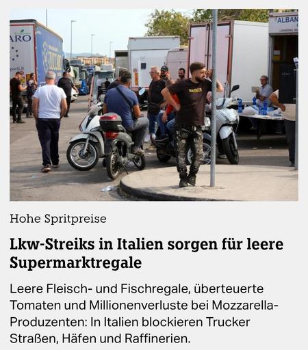 Hohe Spritpreise
Lkw-Streiks in Italien sorgen für leere
Supermarktregale
Leere Fleisch- und Fischregale, überteuerte Tomaten und Millionenverluste bei Mozzarella-
Produzenten: In Italien blockieren Trucker
Straßen, Hafen und Raffinerien.

TAZ 23.10.2026