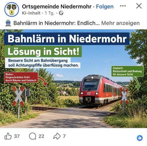 Ein Screenshot eines Facebook-Posts der Ortsgemeinde Niedermohr zeigt ein Foto eines roten DB-Zuges auf einem Bahnübergang in einer grünen Hügellands Hügellandschaft. 

Allerdings nähert sich der Zug dem Bahnübergang wie ein Auto. Und es macht null Sinn so.

Der Text auf dem Bild lautet: „Bahnlärm in Niedermohr“, „L „Lösung in Sicht!“ und „Bessere Sicht am Bahnübergang soll Achtungspfiffie überflüssig machen.“. Ein rotes Textfeld gibt an: „Bisher: Eingeschränkte Sicht durch Bäume und Gebüsch“, während ein grünes Textfeld mit einem Pfeil besagt: „Geplant: Rückschnitt und Rodung für bessere Sicht“. Der Kopfbereich des Posts enthält den Text „Ortsgemeinde Niedermohr
