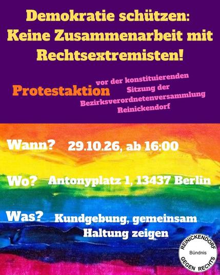 Aufruf zur Demo am 29.10.26 ab 16 Uhr vor dem Rathaus Reinickendorf, vor der konstituierenden Sitzung der BVV. Antonyplatz 1 13437 Berlin
Gemeinsam Haltung zeigen