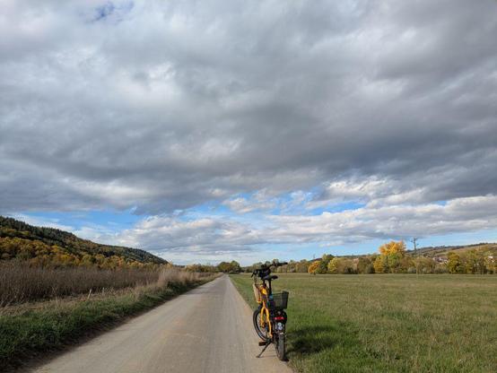 Fahrrad steht auf einem Radweg neben einer Wiese unter bewölktem Himmel