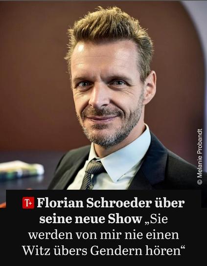 Schlagzeile Tagesspiegel: "Florian Schroeder über seine neue Show „Sie werden von mir nie einen Witz übers Gendern hören""