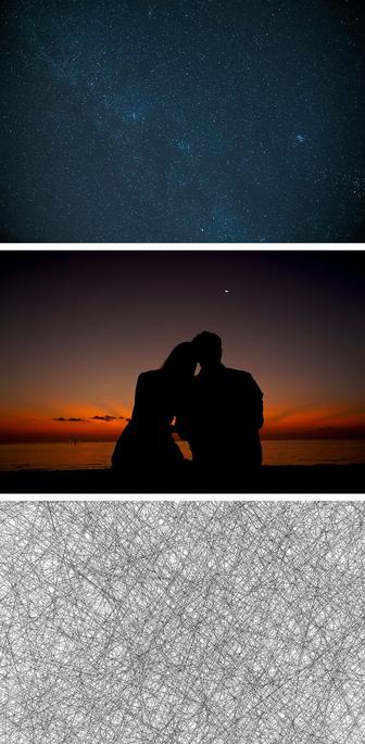 Die drei Einzelmotive der zuvor geposteten Bildmontage unteeinander: Ein weiter dunkelblauer Sternenhimmel, die Silhouette eines Liebespaares vor einem rötlichen Abendhimmel und ein chaotisches schwarzweißes Linien-Netzmuster