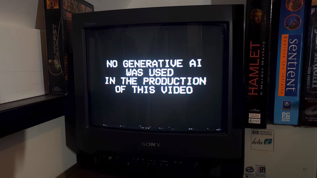 A poorly tuned Sony CRT TV reading "no generative AI was used in the production of this video" in white text on black background.
