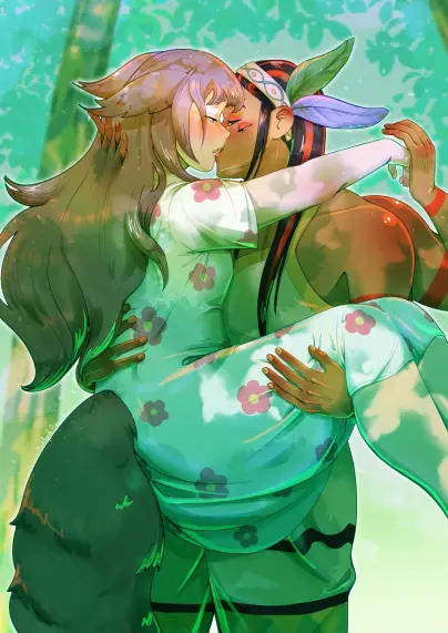 A Tarentula person is carrying a squirrel woman, they are kissing. The Tarentula is mostly human like, with two pairs of arms on this picture, and we can see two pairs of eyes. They actually have four pairs but the other two are hidden by the head of the squirrel woman. The Tarentula person is big, muscled, and has long dark hair with red streaks. They also have red tattoos circling their arms, like a tarentula.  The squirrel woman is a nekomini, meaning they look human but have a pair of squirrel ears in place of human ones, and a squirrel tail. She has long chestnut colored hair, and wears a white flowery dress.  Since the Tarentula has two pairs of arms, they are carrying the squirrel woman with one pair, and uses the other to hold her hand and brush her hair with their fingers.  The background behind them is a a blurred forest.