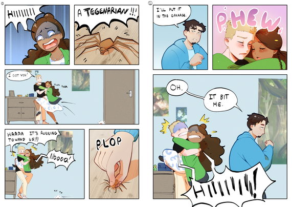 Comic. A young malagasy woman (Imane) is screaming: she has spotted a brown tegenarian, a northern house spider. Her friend, a blond guy (called Jules), opens his arms and tells her ”I got you!”. She jumps in his arms. But then, Jules realizes and screams: ”it’s running toward us!” . Imane screams again. Someone picks up the spider: it’s another young man, tall, black haired and with a short beard (called Baptiste). He tells them he will put the spider in the garage. Imane and Jules sigh, hugging each other, both relieved. As Baptiste turns around, he comments: ”oh. It bit me.” Jules and Imane scream again.
