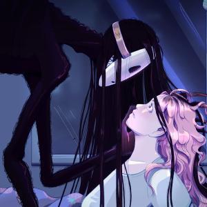 A young (mid-twenties) woman, with long wavy pink hair, is on her bed, looking up. Above her and passing their fingers in her hair, is a black fuzzy monster with long limbs. They wear a white mask, hiding a pointy smile. The monster has long hair which fall on the woman’s head.