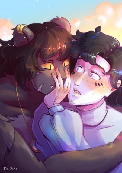 A furry black lion guy is hugging another man, which is blushing and placing his hand between their faces. The Lion guy is looking at the other with wide cheeky eyes.
The other has short black hair, freckles, and a few growing feathers on his cheeks.
