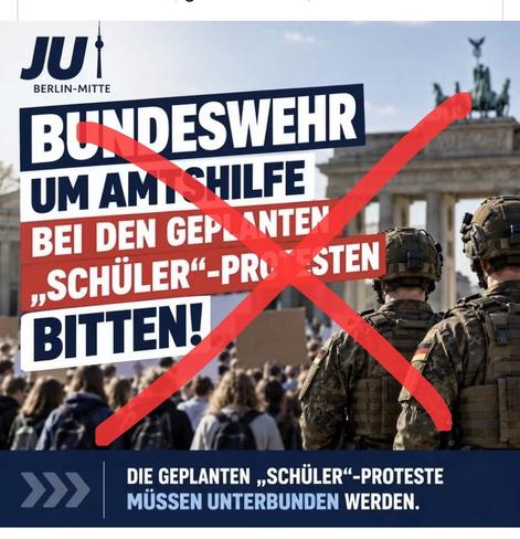 Ein Bild Post der Jungen Union  wo viele Menschen bei einer Drmo gezeigt werden  und darüber steht "bundeswehr um Amtshilfe bitten"