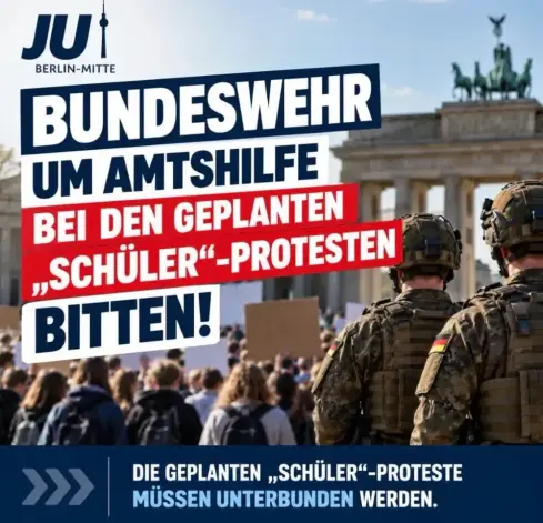 KI-Bild: Zwei Soldaten in Tarnuniform mit Bundeswehr-Abzeichen stehen vor einer Menschenmenge und dem Brandenburger Tor, darüber Text zur Bitte um Bundeswehr-Amtsilfe bei geplanten Schülerprotesten
