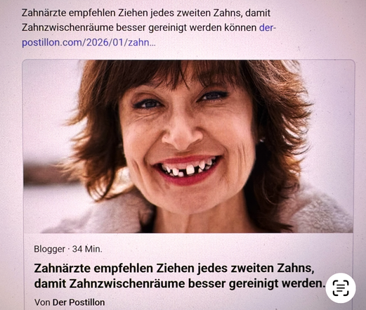 Das Bild zeigt eine nicht ernst gemeinte Postillon-Empfehlung.
Man sieht eine lachende Frau, bei der jeder zweite Zahn gezogen wurde, damit die Zahnzwischenräume besser gereinigt werden können.